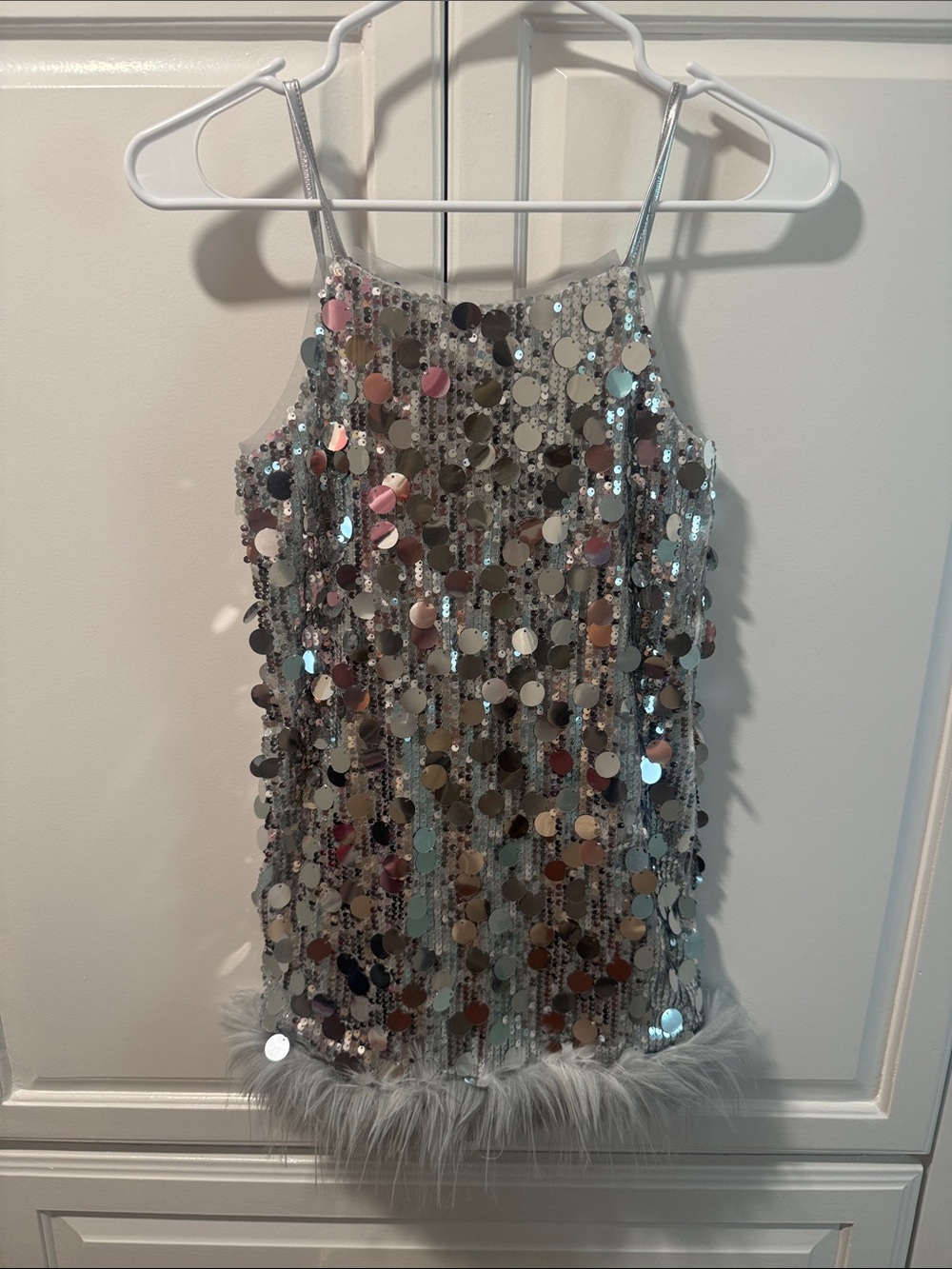 Lola + The Boys girls Silver Sequin Party Dress with Feather Trim